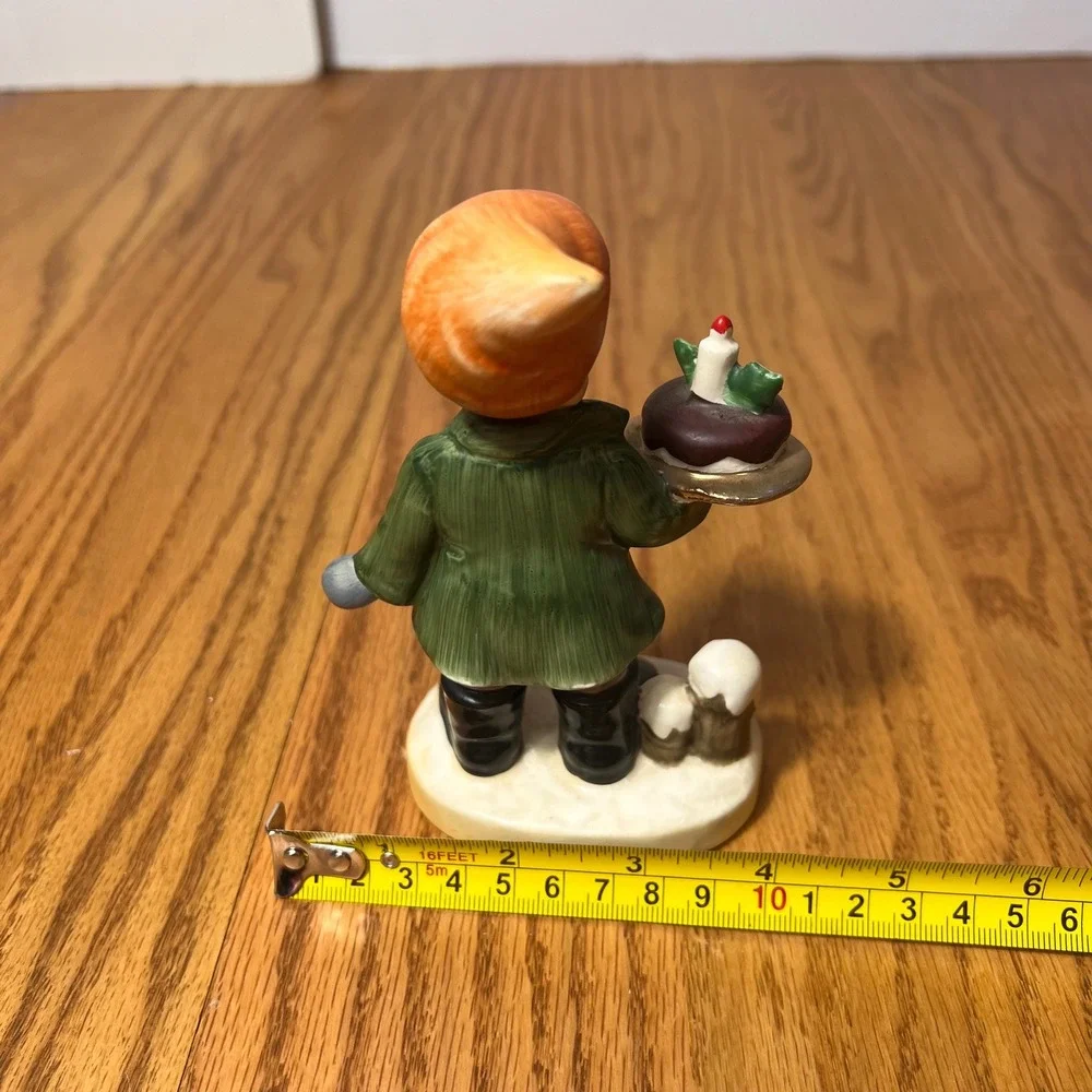VTG Christmas Caroler Child Figurine Holding Christmas Pudding Cake Mid Century